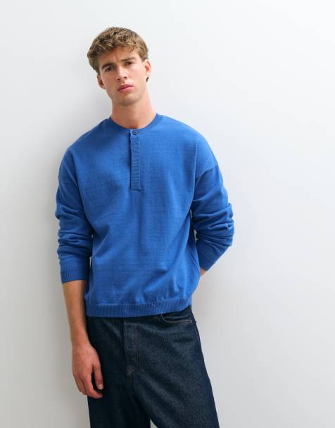 ASOS DESIGN oversized strikket henley-trøje i blå - view 1