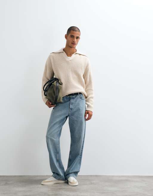 ASOS DESIGN oversized strikket polo-striktrøje med ekstrem åben krave i ecru, 2 af 5