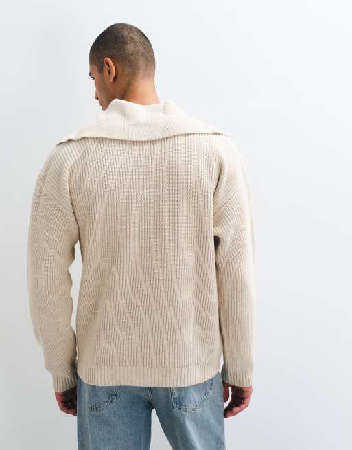 ASOS DESIGN oversized strikket polo-striktrøje med ekstrem åben krave i ecru, 3 af 5