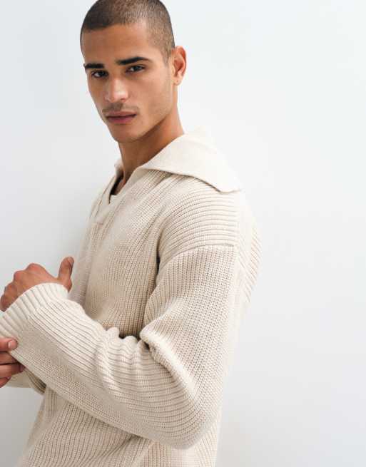 ASOS DESIGN oversized strikket polo-striktrøje med ekstrem åben krave i ecru, 5 af 5