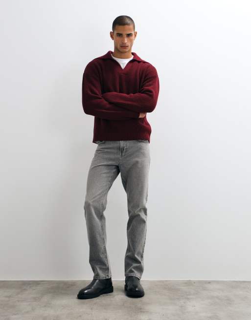 ASOS DESIGN oversized strikket polo-sweater med ekstra åben krave i bordeaux, 2 af 5