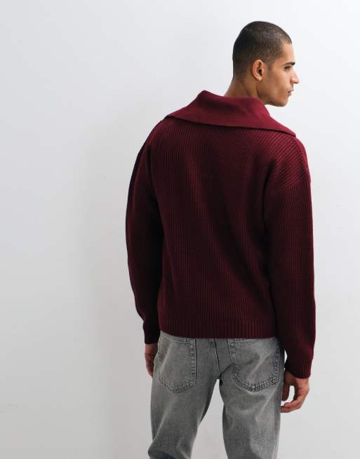 ASOS DESIGN oversized strikket polo-sweater med ekstra åben krave i bordeaux, 5 af 5