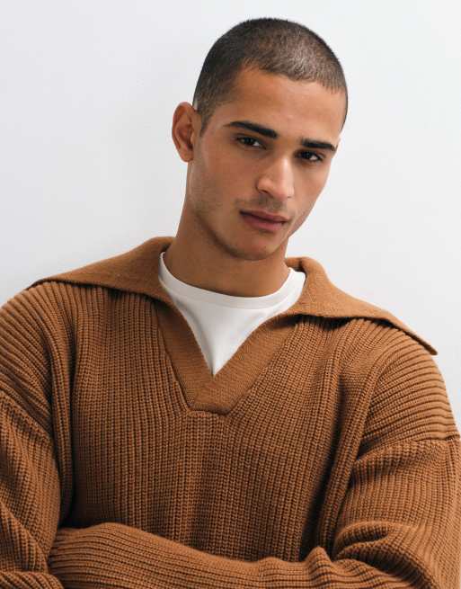 ASOS DESIGN oversized strikket polo-trøje med meget åben krave i brun, 5 af 5
