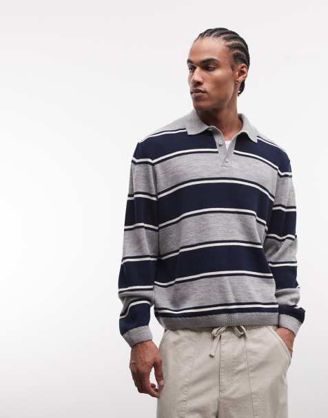ASOS DESIGN - Oversized strikket poloskjorte med marineblå/grå striber - view 1
