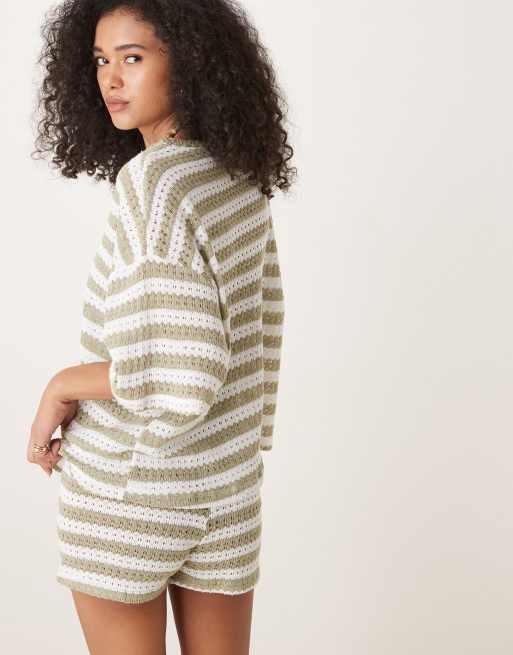 ASOS DESIGN - Oversized strikket T-shirt med olivengrønne og cremehvide striber - Del af sæt, 4 af 4