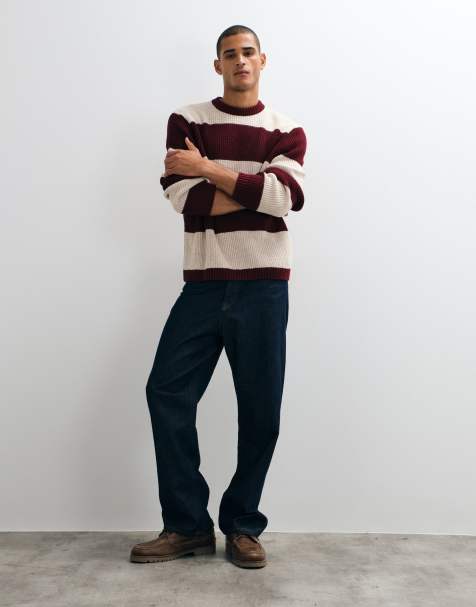 ASOS DESIGN oversized strikket trøje med rund hals i bordeaux- og cremestribe - view 1