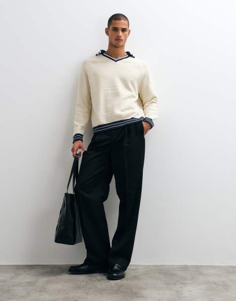 ASOS DESIGN oversized strikket trøje med v-hals og ringer i ecru med sort detaljering - view 1