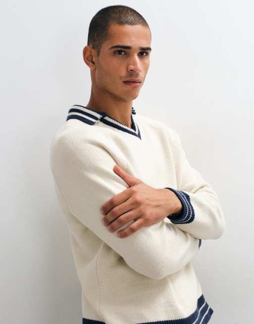 ASOS DESIGN oversized strikket trøje med v-hals og ringer i ecru med sort detaljering, 4 af 5