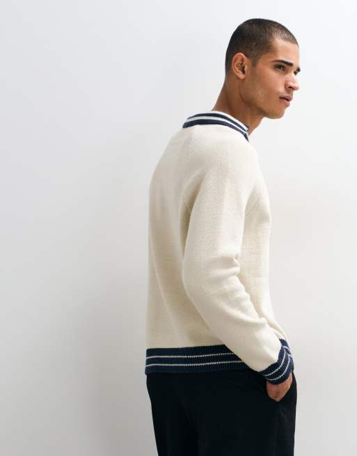 ASOS DESIGN oversized strikket trøje med v-hals og ringer i ecru med sort detaljering, 5 af 5