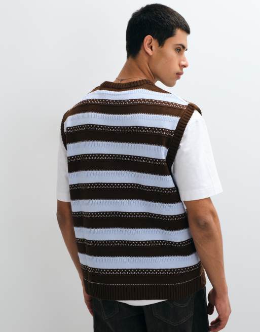 ASOS DESIGN oversized strikket vest med rund hals i brun og blå stribe, 4 af 5