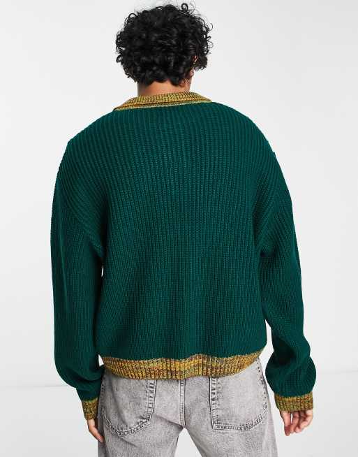 ASOS DESIGN - Oversized striktrøje i grøn med hak i halsudskæringen og kontrastkant, 2 af 4