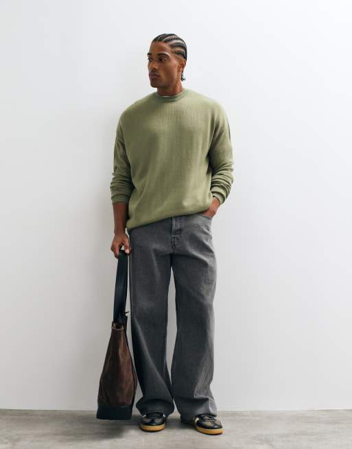 ASOS DESIGN oversized striktrøje med rund hals i khaki ribstrik, 4 af 5