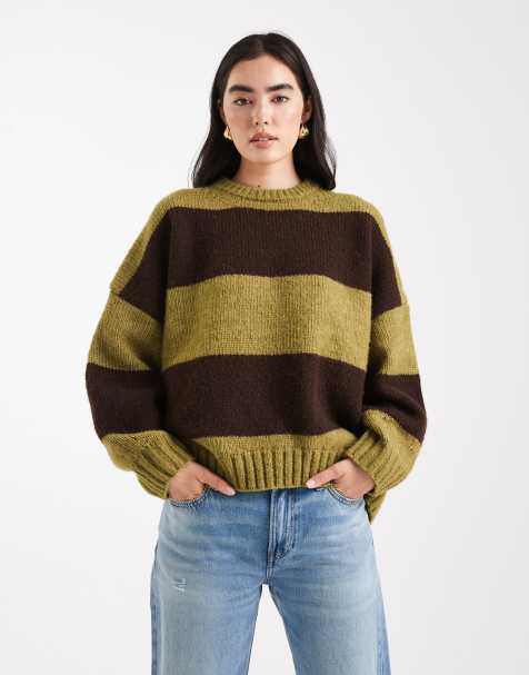 ASOS DESIGN oversized stripe crew neck jumper in olive and chocolate - view 1