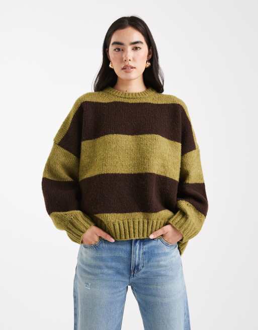 ASOS DESIGN oversized stripe crew neck sweater in olive and brown 