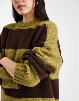 Asos Design Oversized Stripe Crew Neck Sweater In Green