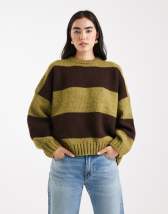 ASOS DESIGN oversized stripe crew neck sweater in olive and chocolate