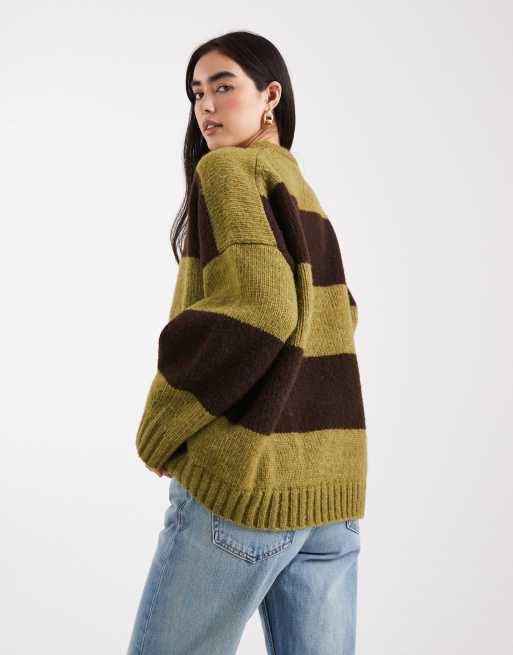 ASOS DESIGN oversized stripe crew neck sweater in olive and chocolate