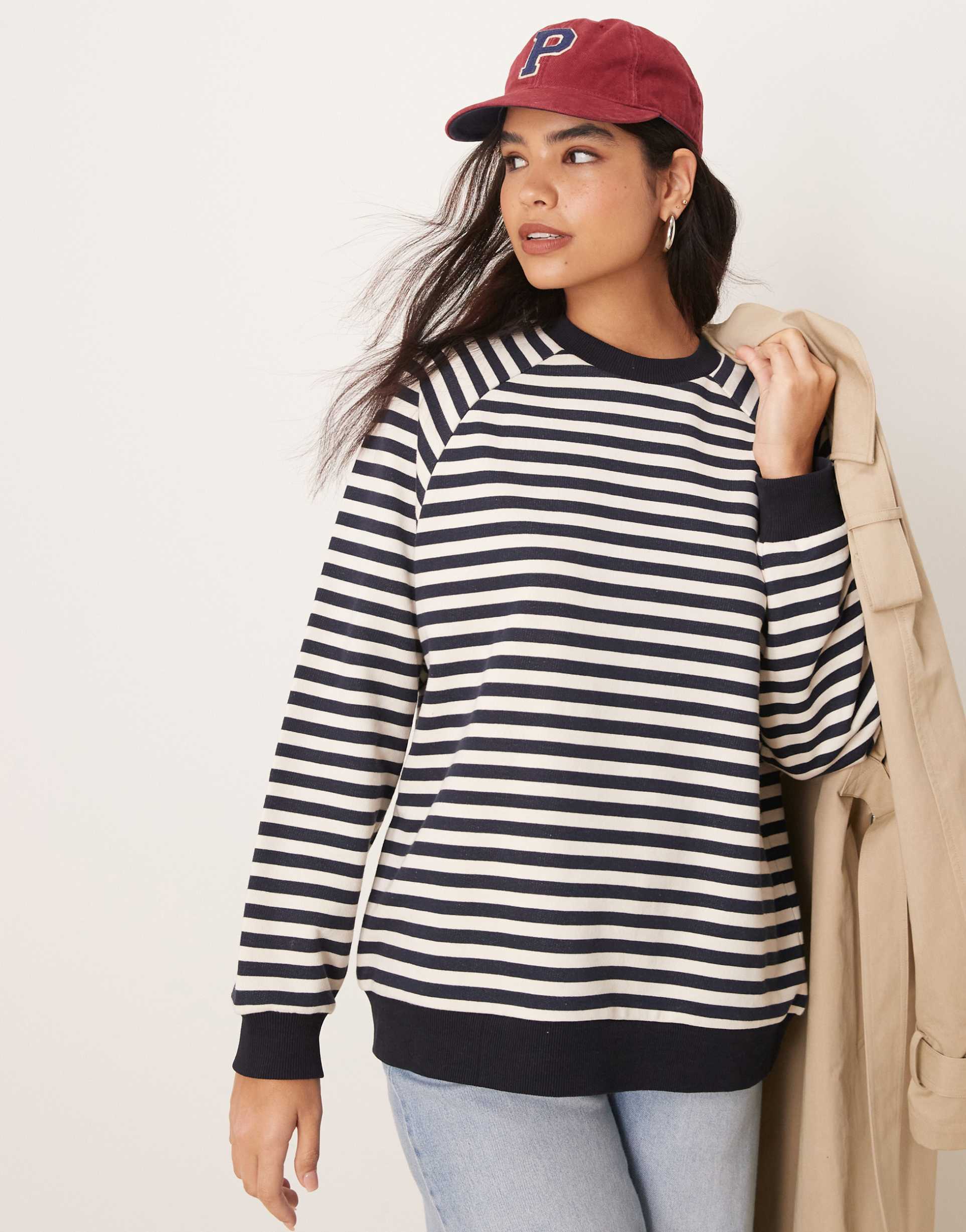 asos design oversized stripe long sleeve sweat with navy rib