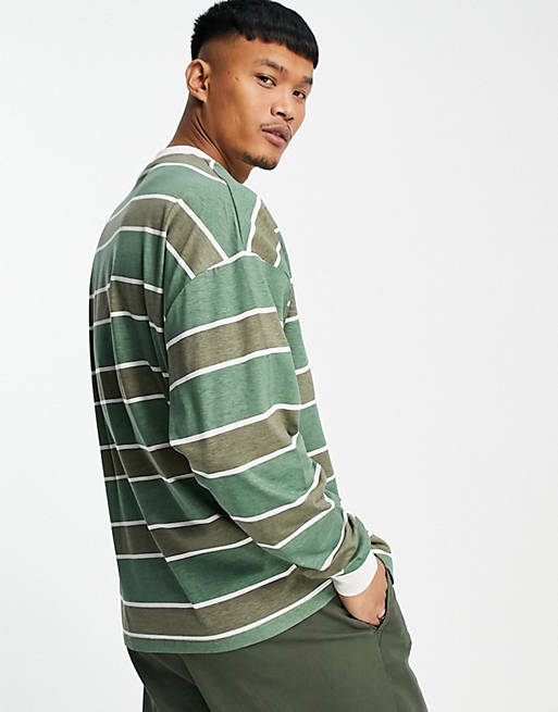  oversized stripe long sleeve t-shirt in khaki with mountain print 