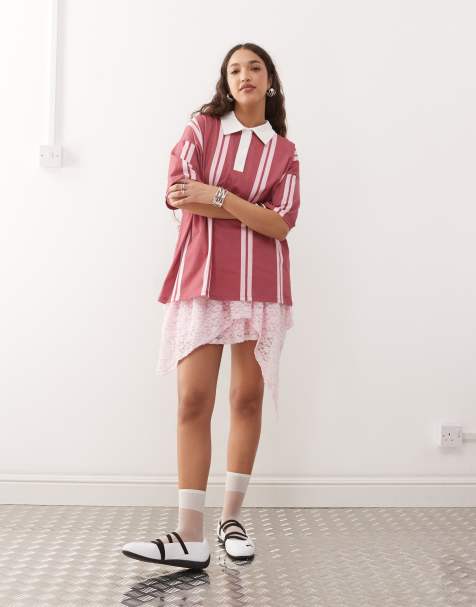 ASOS DESIGN oversized stripe rubgy top in raspberry - view 1