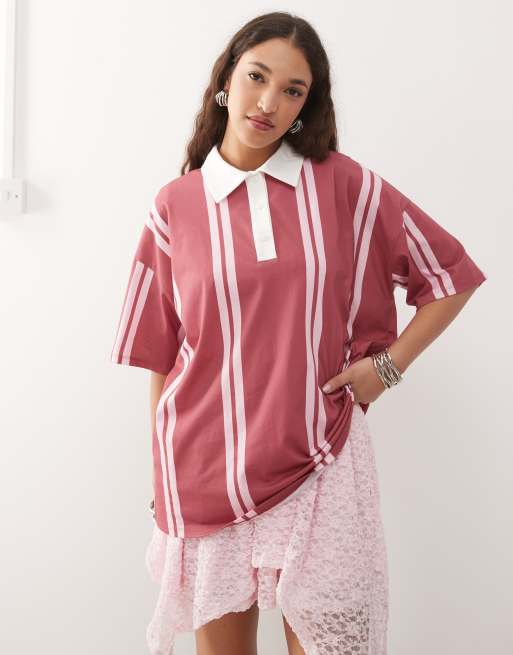 ASOS DESIGN oversized stripe rubgy top in raspberry, 3 of 4