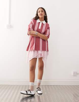 ASOS DESIGN oversized stripe rugby top in raspberry-pink