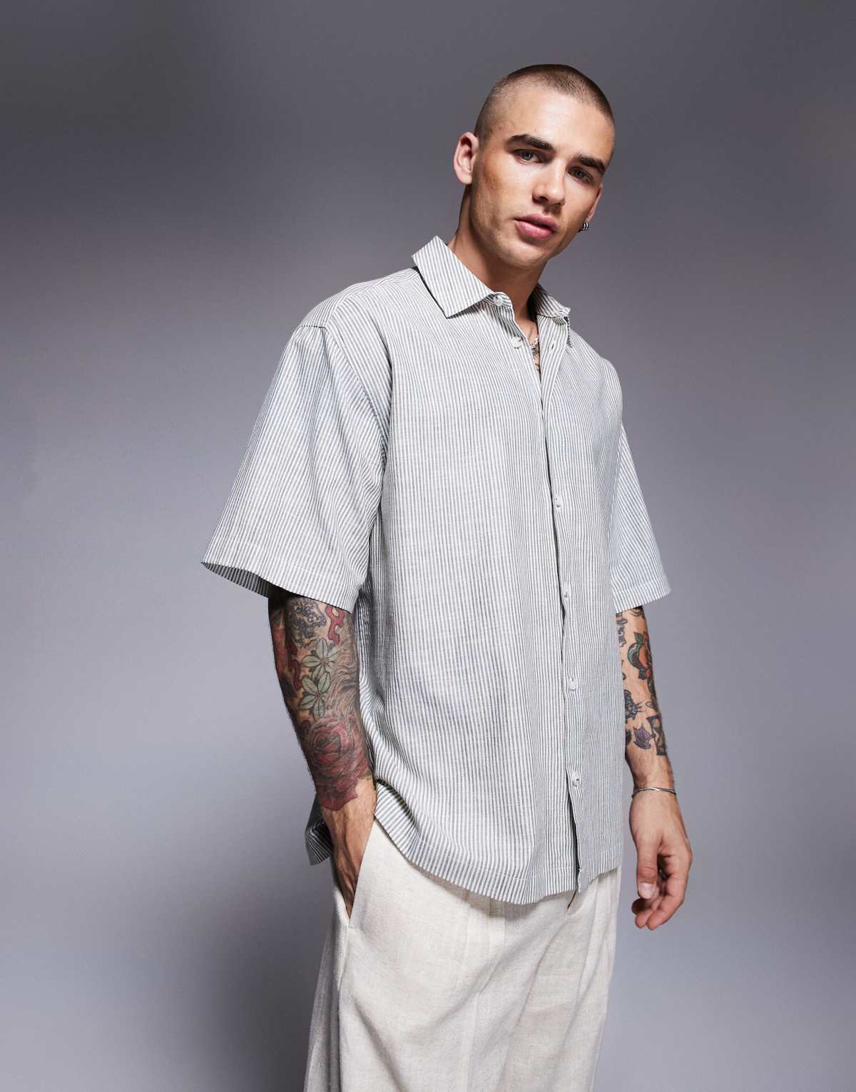 ASOS DESIGN oversized stripe shirt in stone