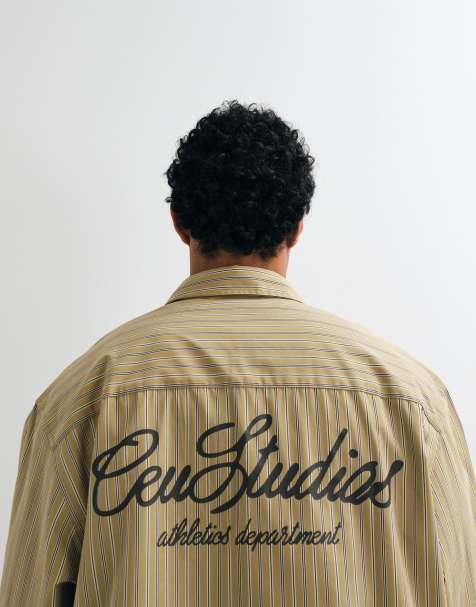 ASOS DESIGN oversized stripe shirt with chest and back print in brown - view 1