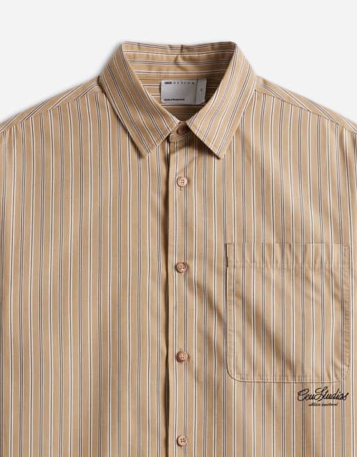 ASOS DESIGN oversized stripe shirt with chest and back print in brown, 9 of 9