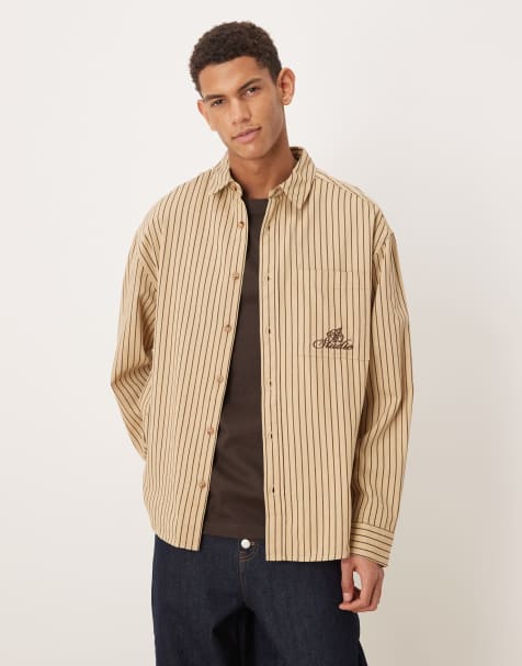 ASOS DESIGN oversized stripe shirt with chest embroidery in beige - view 1
