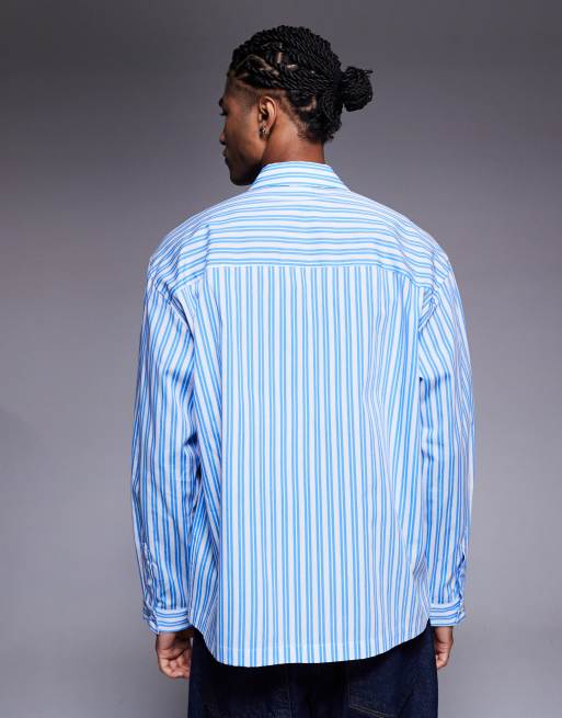 ASOS DESIGN oversized stripe shirt with chest embroidery in blue, 3 of 5
