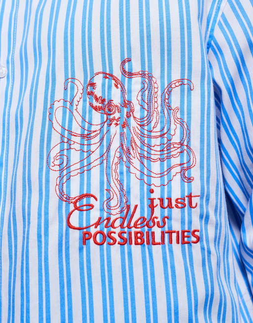ASOS DESIGN oversized stripe shirt with chest embroidery in blue, 5 of 5