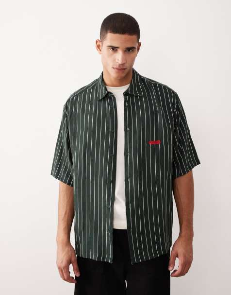 ASOS DESIGN oversized stripe shirt with chest embroidery in dark green - view 1