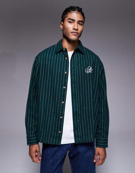 ASOS DESIGN oversized stripe shirt with chest embroidery in green - view 1