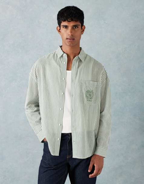 ASOS DESIGN oversized stripe shirt with chest embroidery in green - view 1