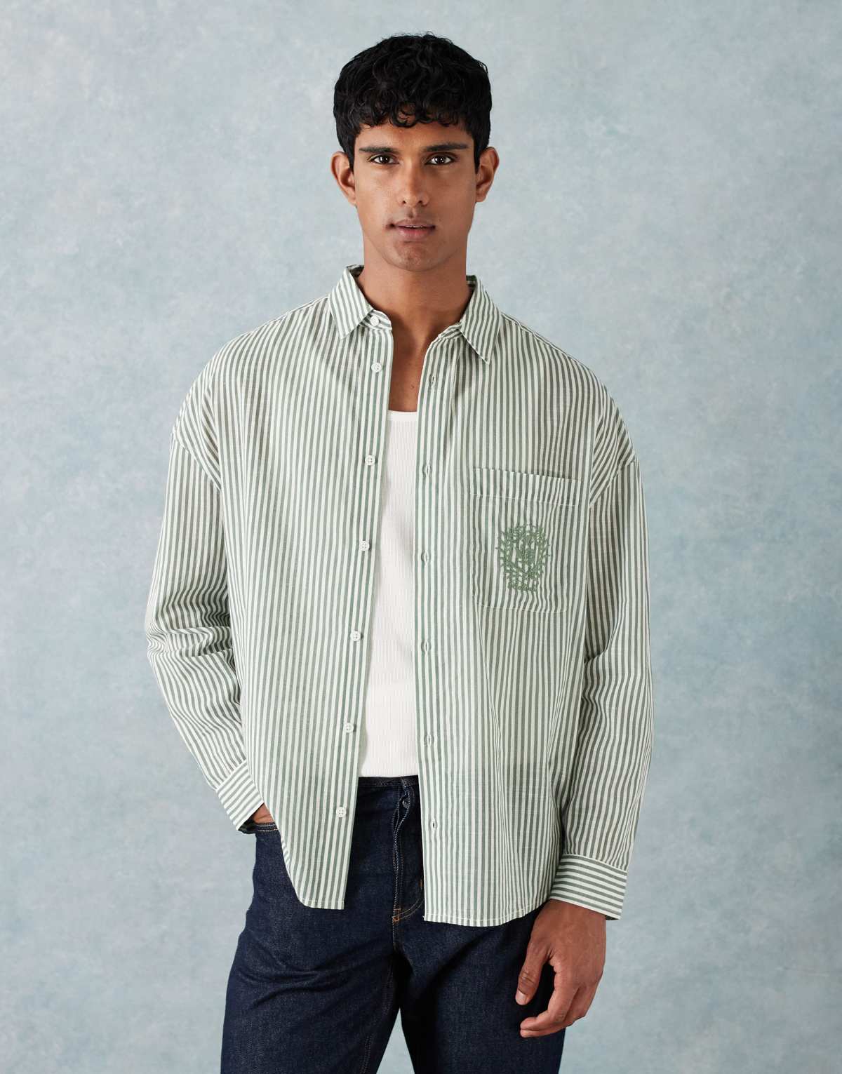 ASOS DESIGN oversized stripe shirt with chest embroidery in green