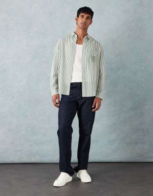 Asos Design Oversized Stripe Shirt With Chest Embroidery In Green