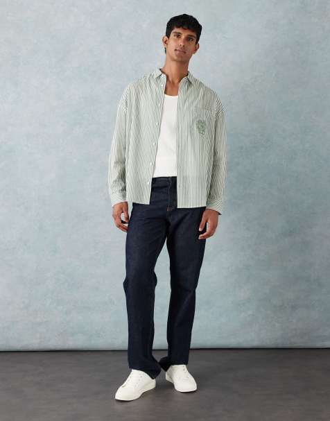 ASOS DESIGN oversized stripe shirt with chest embroidery in green - view 1