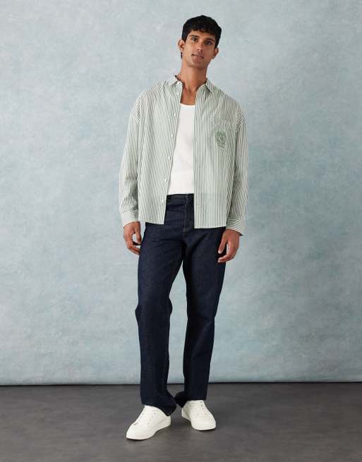 ASOS DESIGN oversized stripe shirt with chest embroidery in green