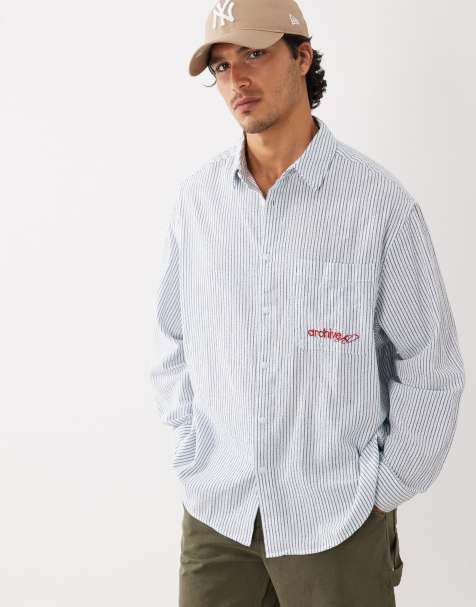 ASOS DESIGN oversized stripe shirt with chest embroidery in white - view 1