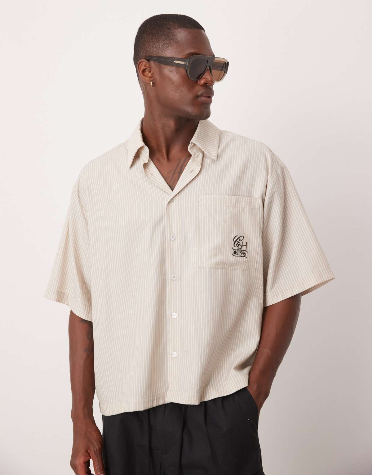 ASOS DESIGN oversized stripe shirt with embroidery in beige