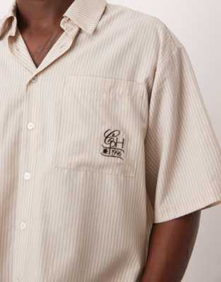 Asos Design Oversized Stripe Shirt With Embroidery In Neutral