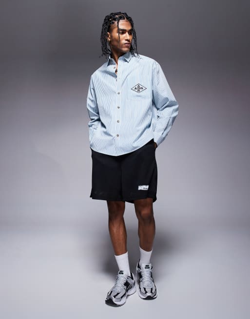 ASOS DESIGN oversized stripe shirt with embroidery in green