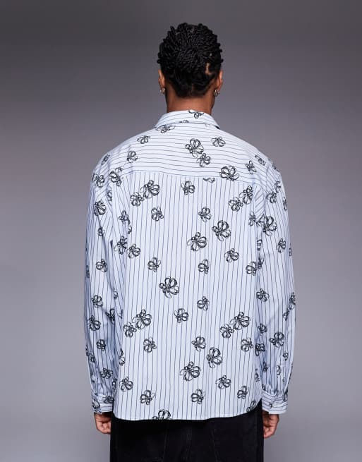 ASOS DESIGN oversized stripe shirt with floral print in blue, 3 of 5