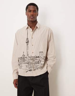 ASOS DESIGN oversized stripe shirt with landscape print in beige | ASOS