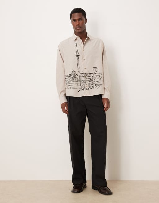 ASOS DESIGN oversized stripe shirt with landscape print in beige, 2 of 5