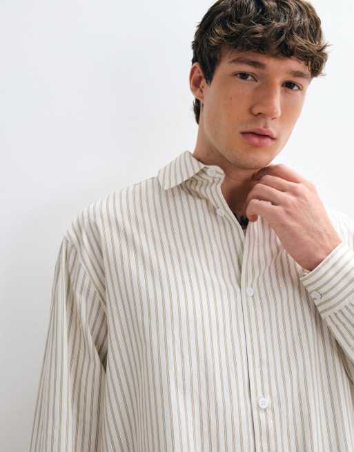 ASOS DESIGN oversized stripe shirt with toggle hem detail in off white, 2 of 5