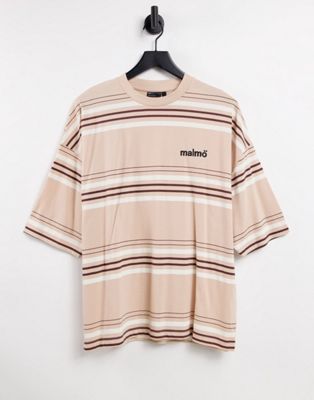 ASOS DESIGN oversized stripe t-shirt in beige with embroidery text detail - BEIGE