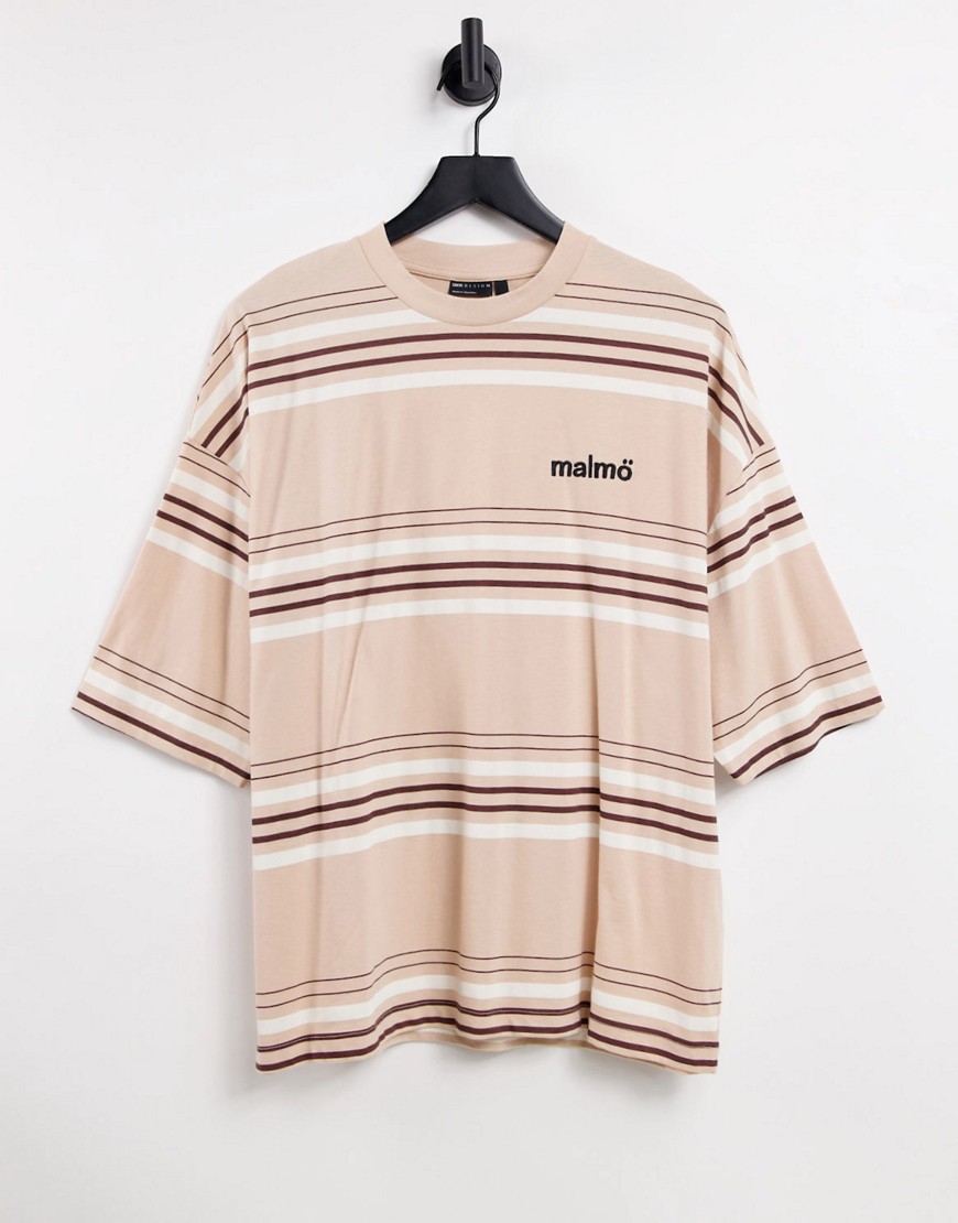 ASOS DESIGN oversized stripe t-shirt in beige with embroidery text detail - BEIGE-Neutral