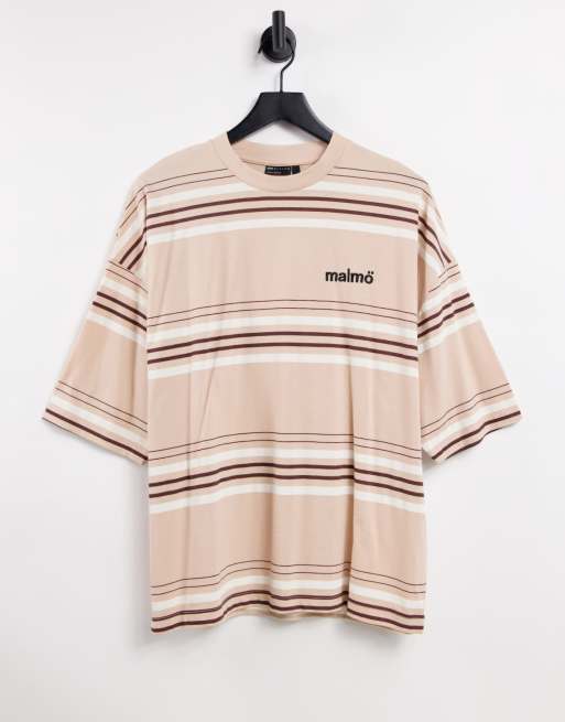 Asos Design Oversized Stripe T Shirt In Beige With Embroidery Text